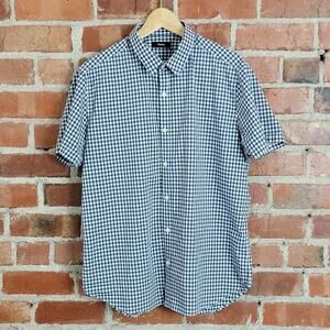 Theory short‎ sleeve button-up navy gingham shirt men's XL